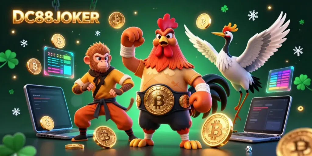 Join the excitement at DC88JOKER with a vibrant casino scene including a fierce rooster, monkey martial artist, and crane master.