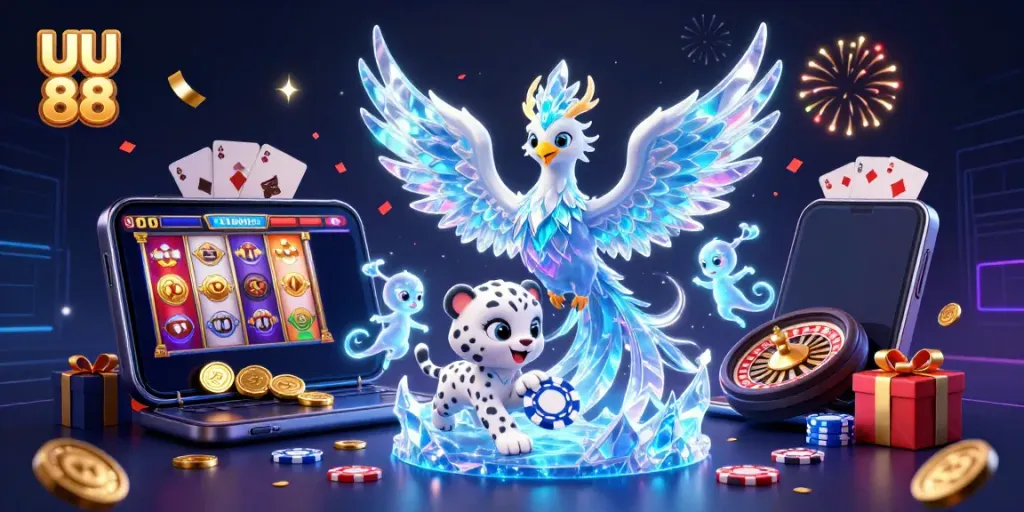 Experience the joy of gaming with UU 88, a vibrant casino scene featuring an ice phoenix and poker chip fun.