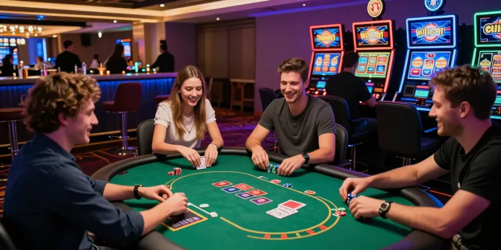 Exciting Wolfbet Bonus Page scene showcasing players enjoying live casino games with vibrant lighting and lively interactions.