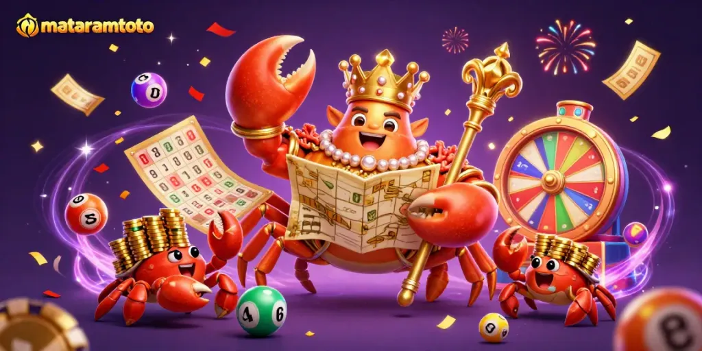 Experience the excitement of mataramtoto with a golden crab emperor amidst lottery balls and prizes.