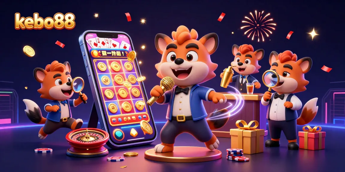 Kebo88 menghadirkan ilustrasi kasino dengan hyena yang beraksi, menampilkan permainan slot berwarna-warni dan koin emas bertebaran.