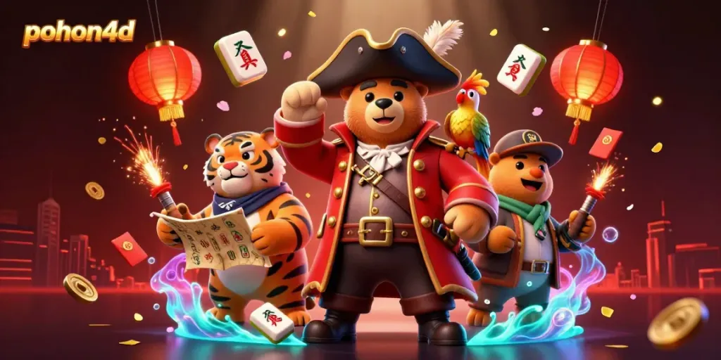 Pohon4D casino illustration showcasing a pirate bear, tiger, and parrot amidst vibrant gambling symbols.
