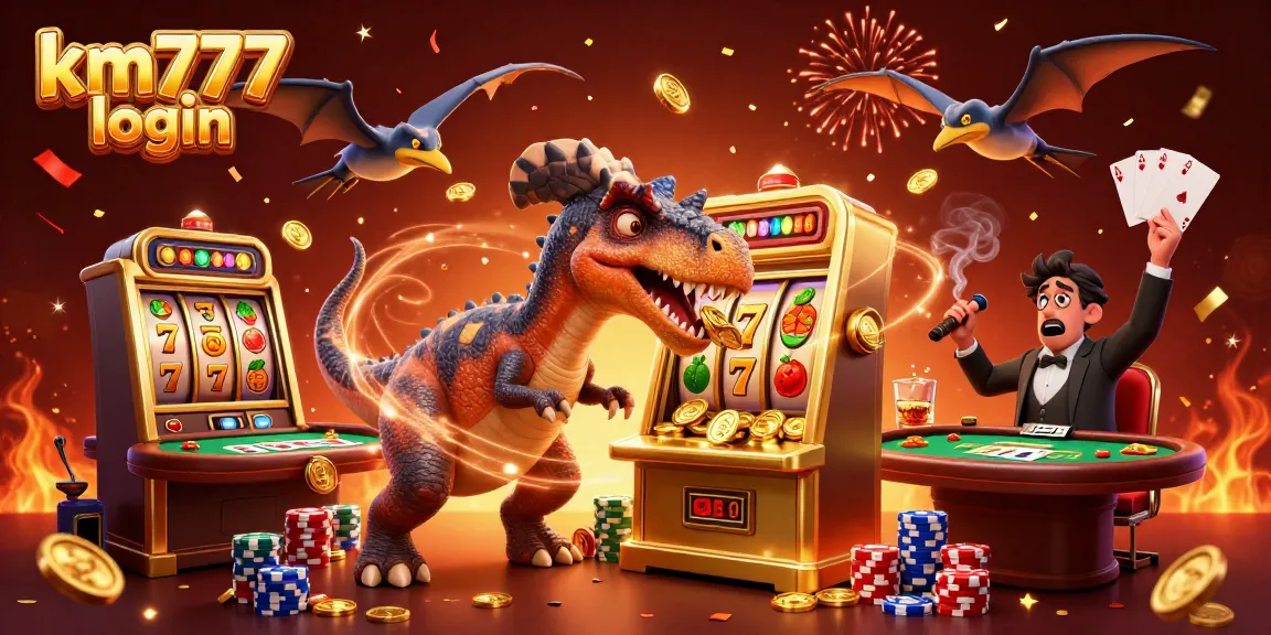 Experience the excitement of km777 login with a vibrant 3D illustration of dynamic characters in a lively casino scene.
