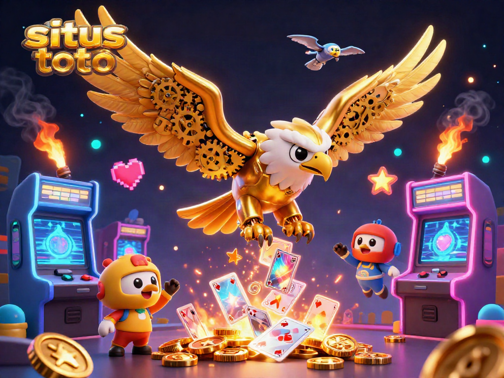 Menangkan permainan di situs toto dengan ilustrasi mesin arcade dan elemen kasino yang berkilau.