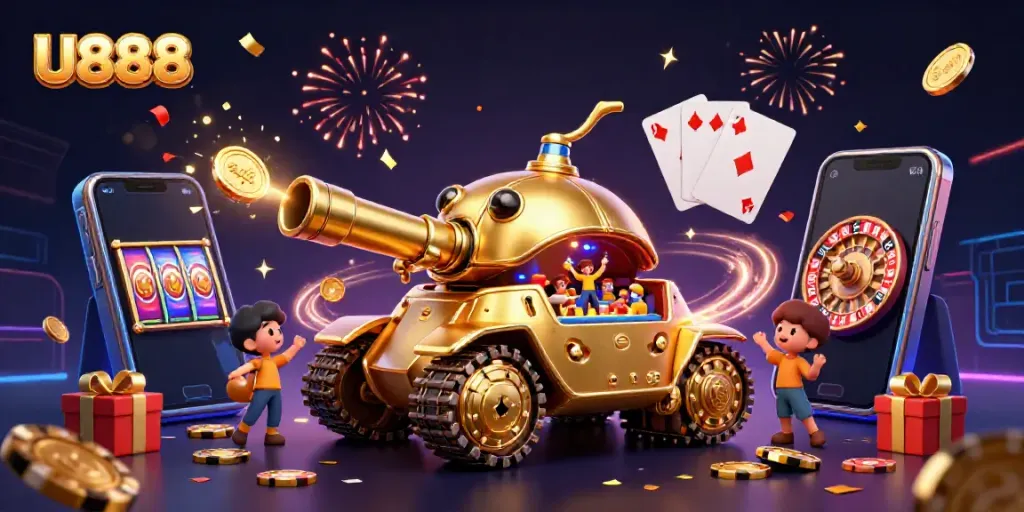 Experience thrilling gameplay with U888's vibrant 3D casino tank illustration showcasing exciting casino elements.