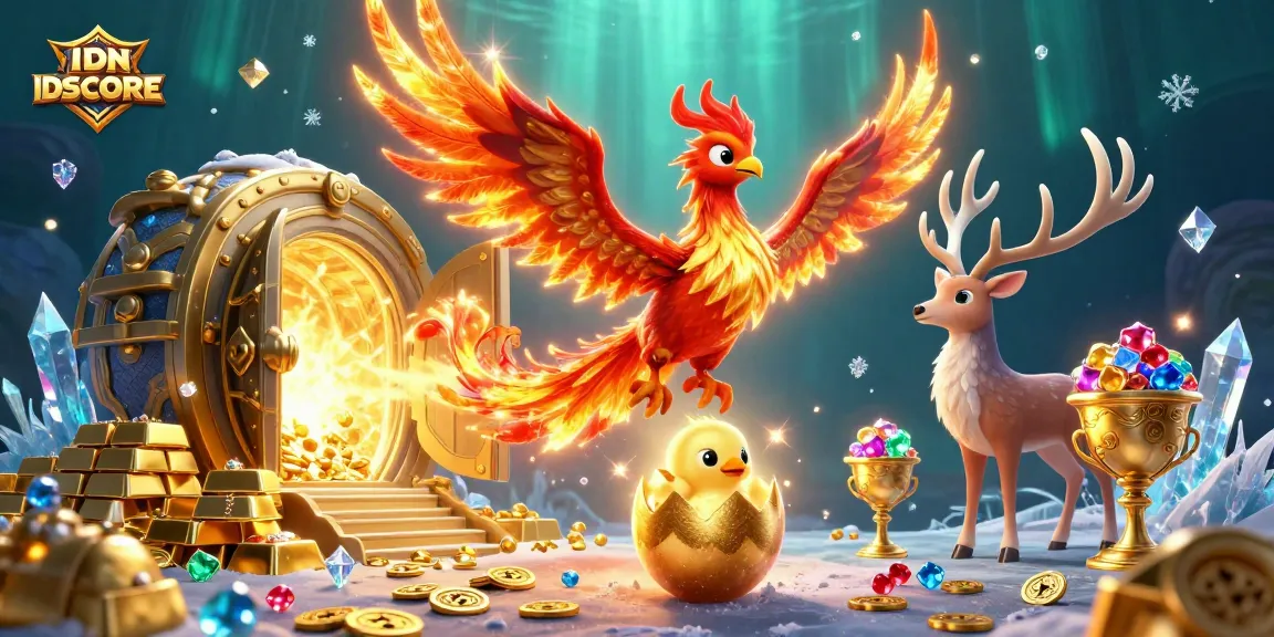 IDNSCORE showcases a vibrant casino scene with fire phoenixes and treasure elements, ideal for gamblers seeking thrills.