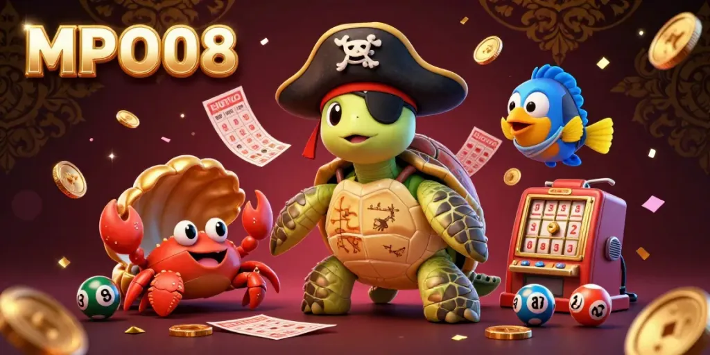 MPO08 showcases exciting lottery themes with a cartoon pirate turtle, hermit crab, and parrotfish surrounded by lottery elements.