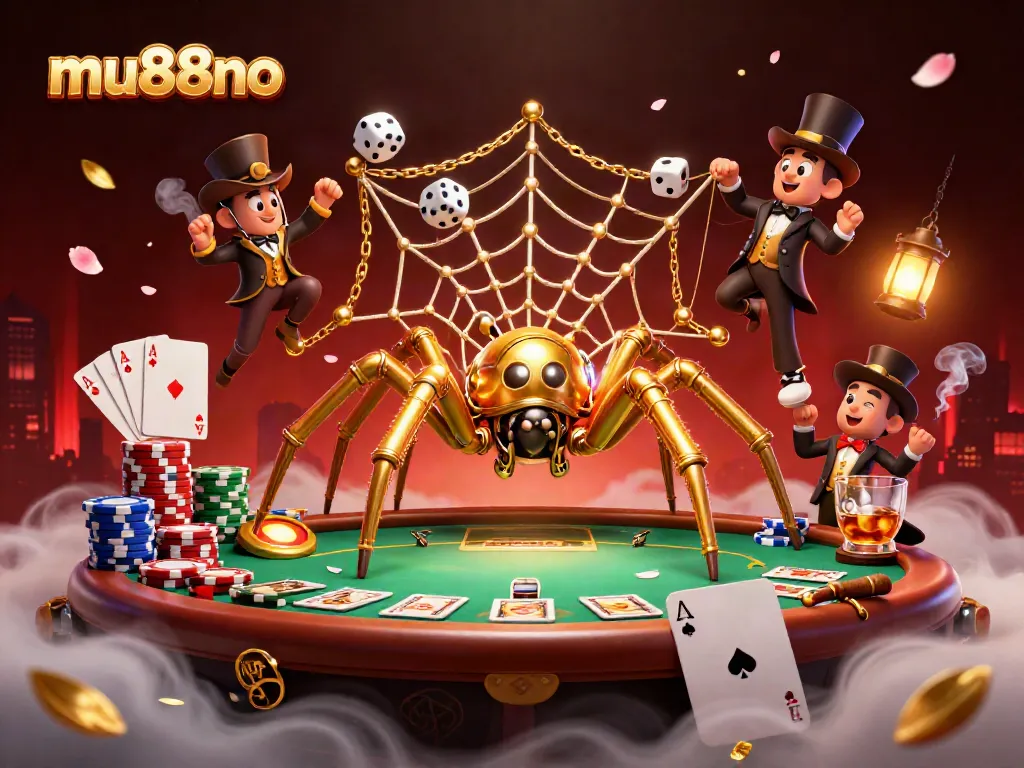 Engage in thrilling bets with mu88no at a vibrant poker scene featuring a mechanical spider.