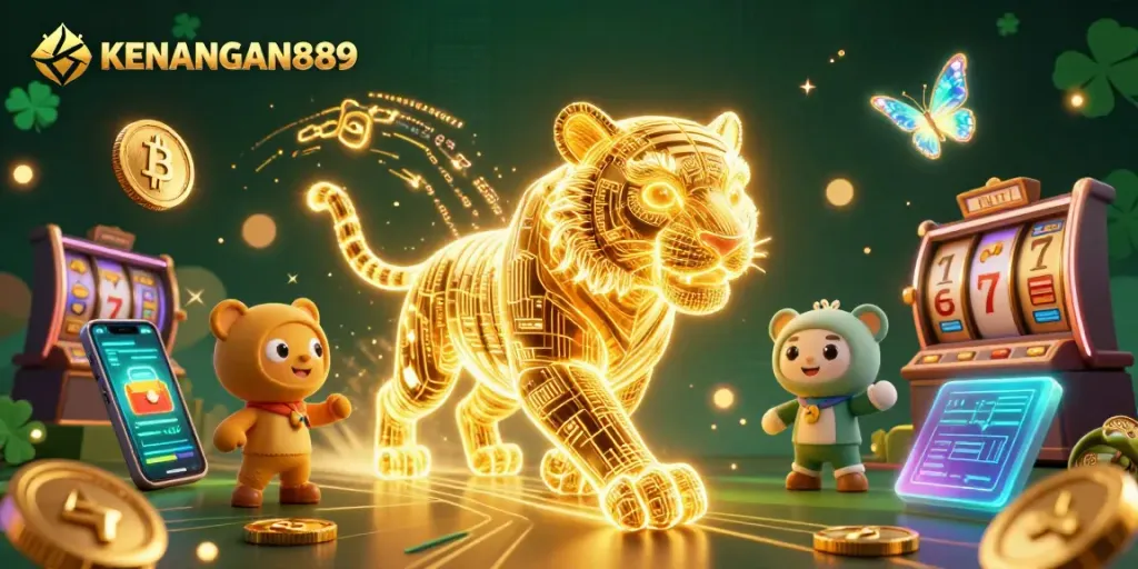 Engage in thrilling gameplay with KENANGAN889, featuring a neon-tiger in a vibrant digital casino.