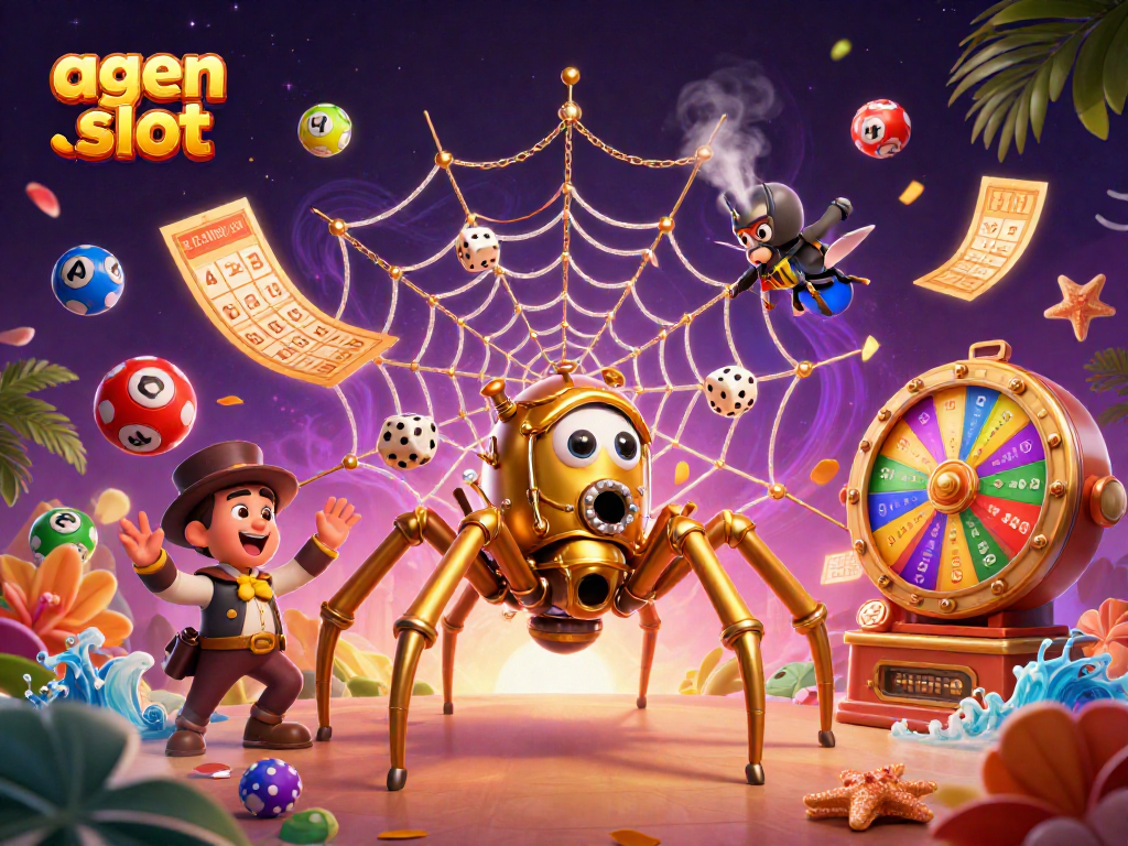 Menyenangkan agen slot dengan bola lotere berwarna-warni dan jejak keberuntungan dalam ilustrasi 3D.