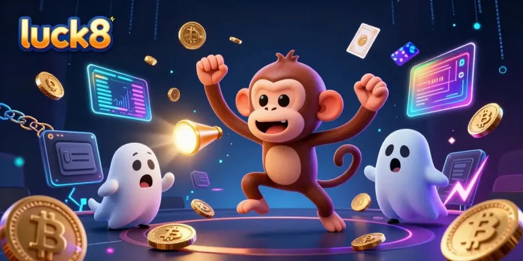 Experience the thrill of luck8 with a playful poltergeist monkey and ghost-hunter puppy in a vibrant casino scene.