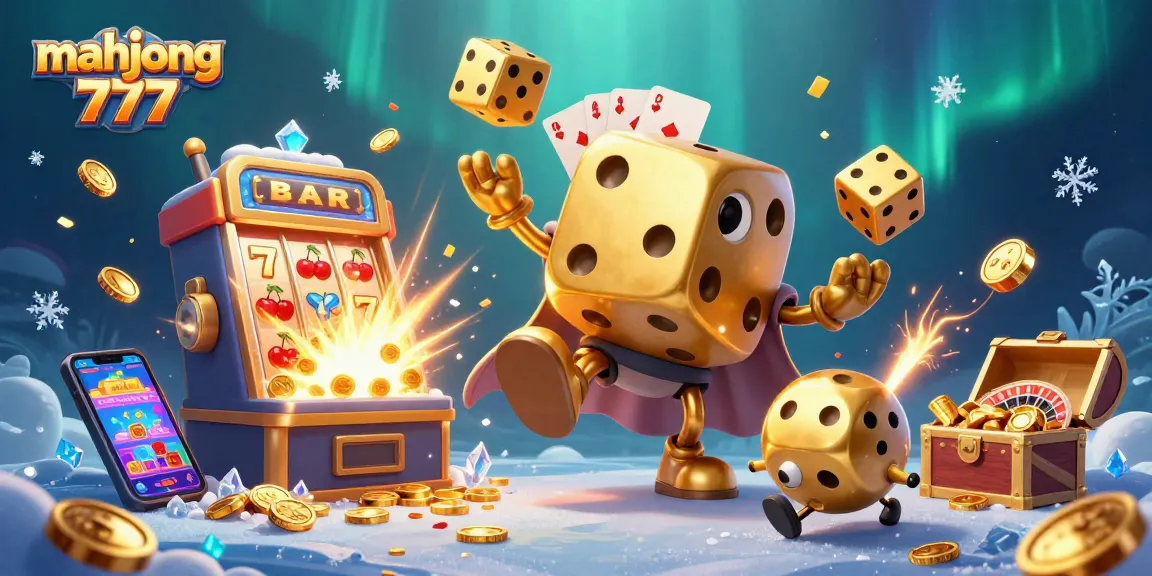 Experience the thrill of mahjong 777 with our dynamic 3D casino illustration featuring golden dice and slot machines.