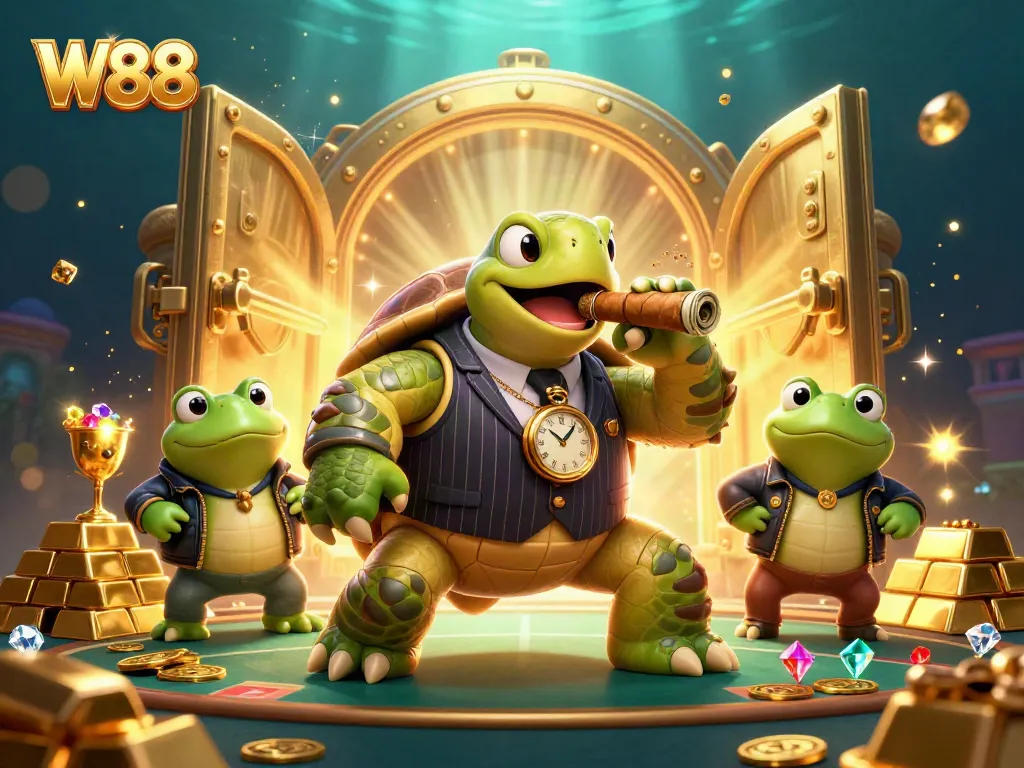 Join the fun with W88's vibrant casino scene featuring a snapping turtle and bullfrog enforcers.