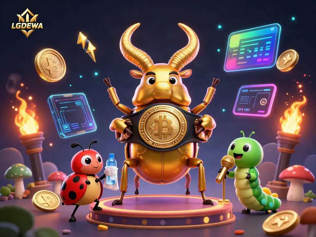 Experience thrilling gaming with LGODEWA, featuring dynamic characters and crypto elements in a vibrant illustration.