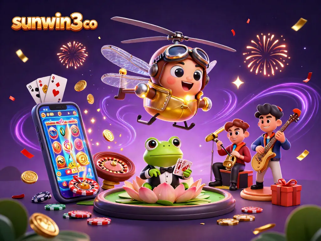 Experience excitement and winnings at sunwin3 co's vibrant casino with unique characters in a magical scene.