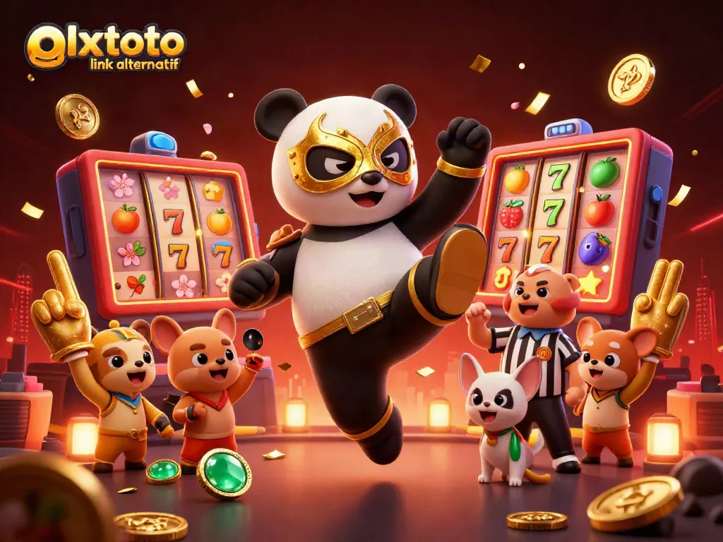 Engage with exciting action in olxtoto link alternatif as a wrestler panda showcases a flying kick in a lively casino scene.