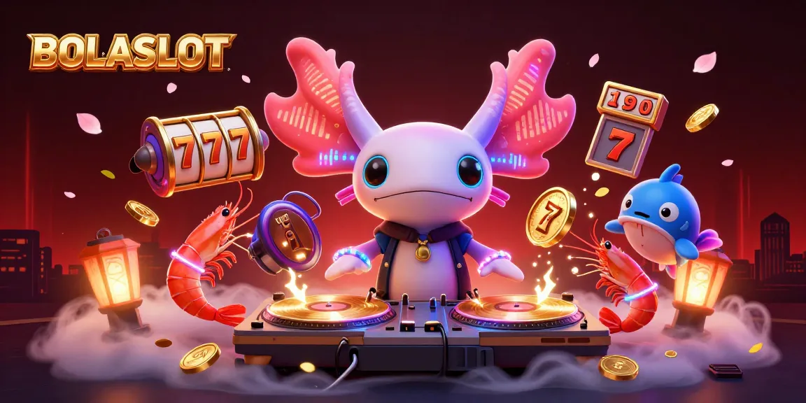 BOLASLOT showcases a vibrant online gaming scene with a neon axolotl DJ, lucky 7s, and dancing shrimp.