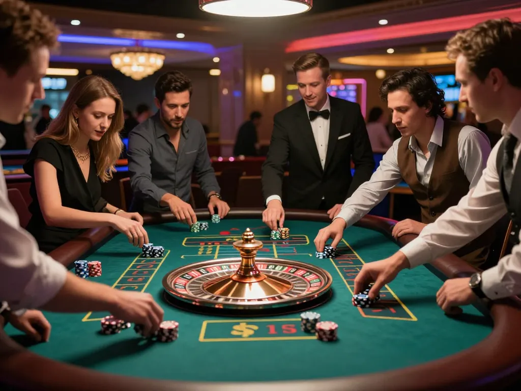 Watch players engage in a thrilling roulette game at the sc88 casino, vibrant atmosphere with chips and bets.