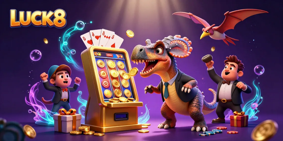LUCK8 showcases a pachycephalosaurus winning jackpot coins and an ankylosaur manager in a vibrant casino scene.