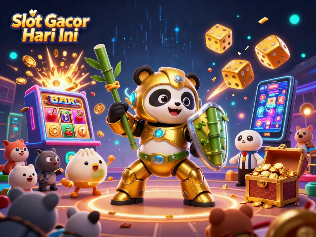 Menangkan Slot Gacor Hari Ini dengan tampilan mesin slot yang menarik dan karakter unik dalam ilustrasi 3D.