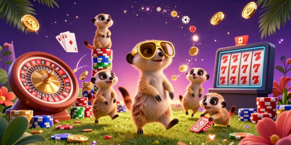 Gambarkan slot di Bos555 dengan kartun meerkat beroperasi di kasino, mengambil chip emas.