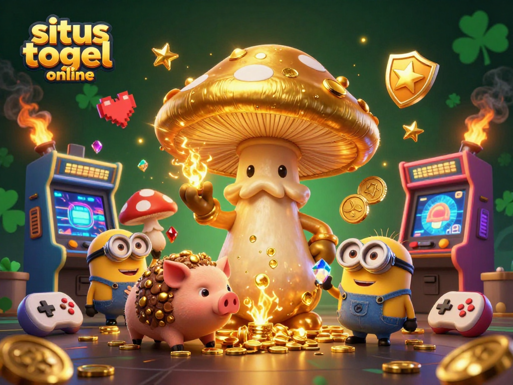 Mengalami kemenangan di situs togel online dengan karakter sihir jamur berharga dan kekayaan yang dikelilingi alat permainan 3D.