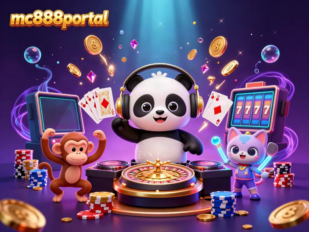 DJ panda beraksi di mc888portal dengan koin emas berhamburan dan suasana kasino yang menarik.