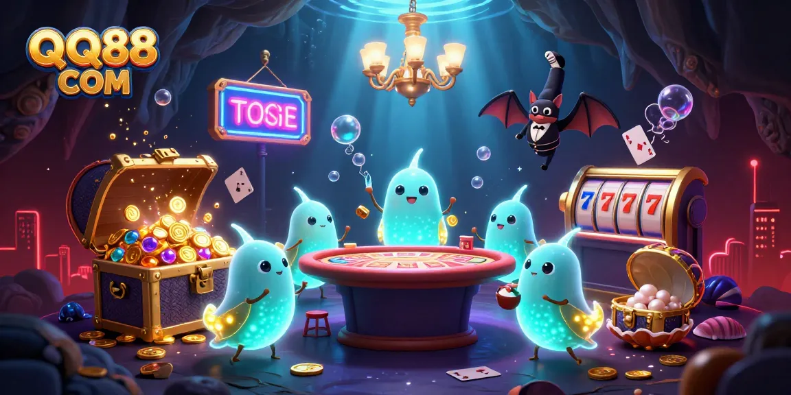 Experience gaming thrills at QQ88 COM featuring luminescent glowworms in a vibrant cave casino atmosphere.