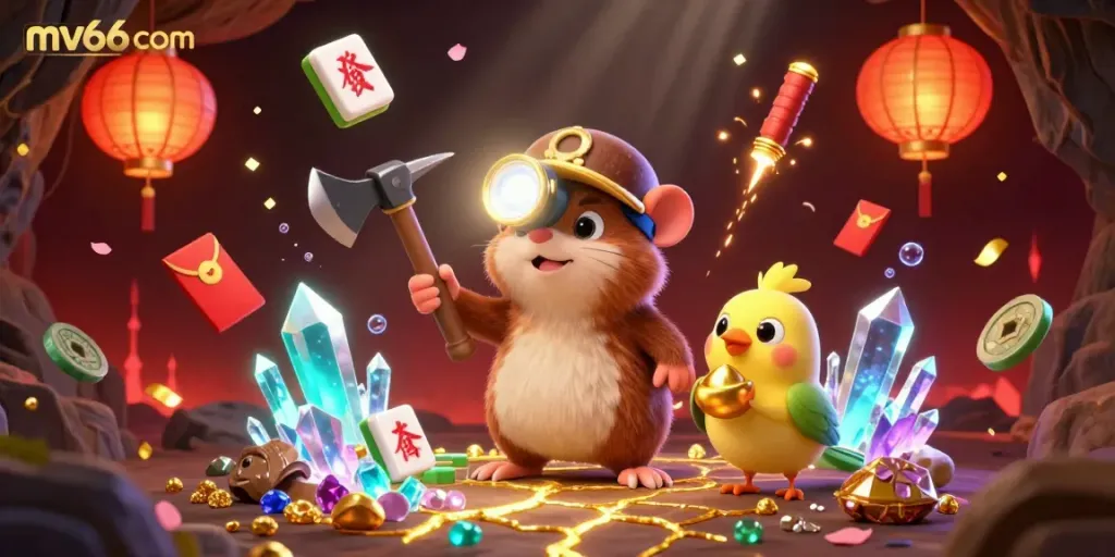 Engage with mv66 com in an exciting 3D treasure hunt atmosphere filled with glowing gems and festive game elements.