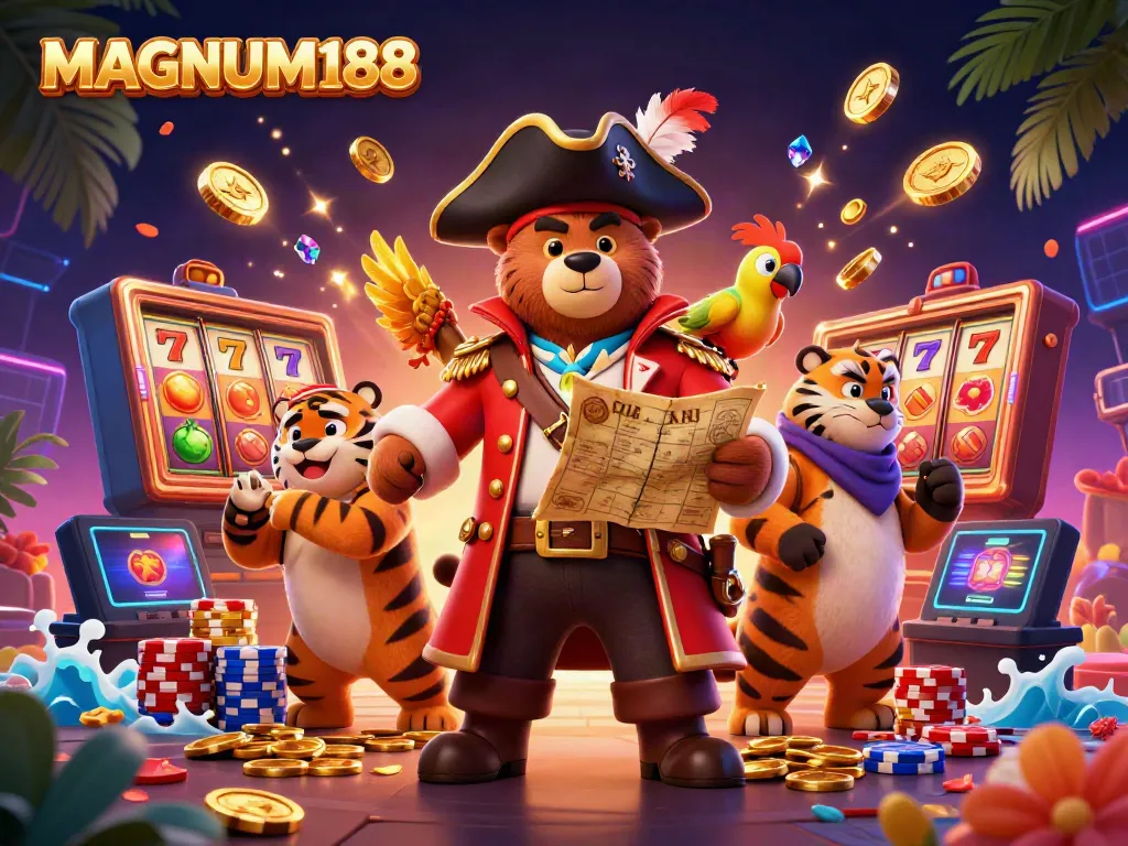 Immerse yourself with MAGNUM188 in a vibrant 3D slot-themed pirate adventure illustration.