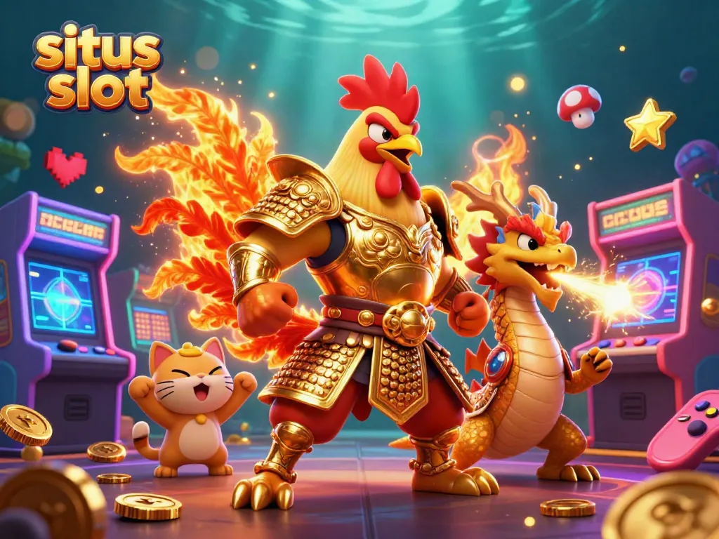 Jelajahi situs slot dengan karakter kartun pejuang ayam dan naga, dikelilingi jackpot menarik.
