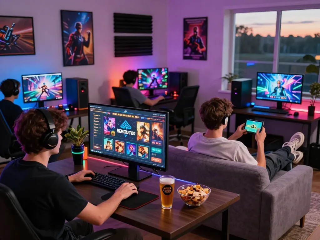 Engaged players enjoying Seributoto gaming on multiple devices, showcasing a lively online betting atmosphere.