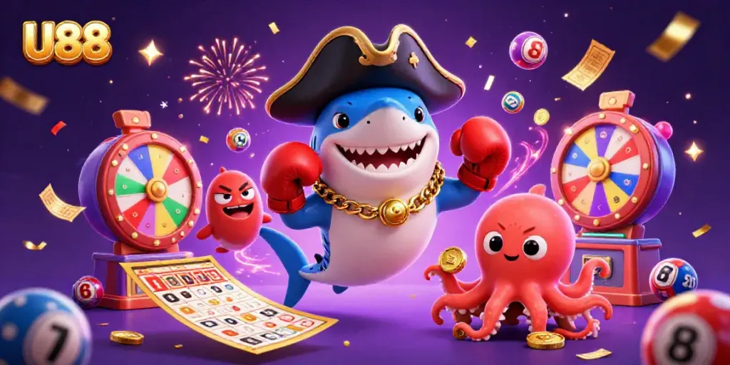 Win big with U88's dynamic lottery scene featuring animated characters and vibrant game elements.