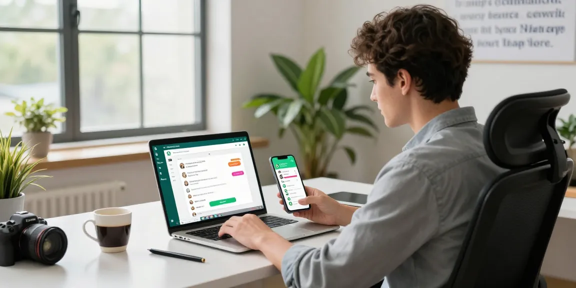 Engaged user interacting with the WhatsApp網頁版 on a laptop in a modern workspace.