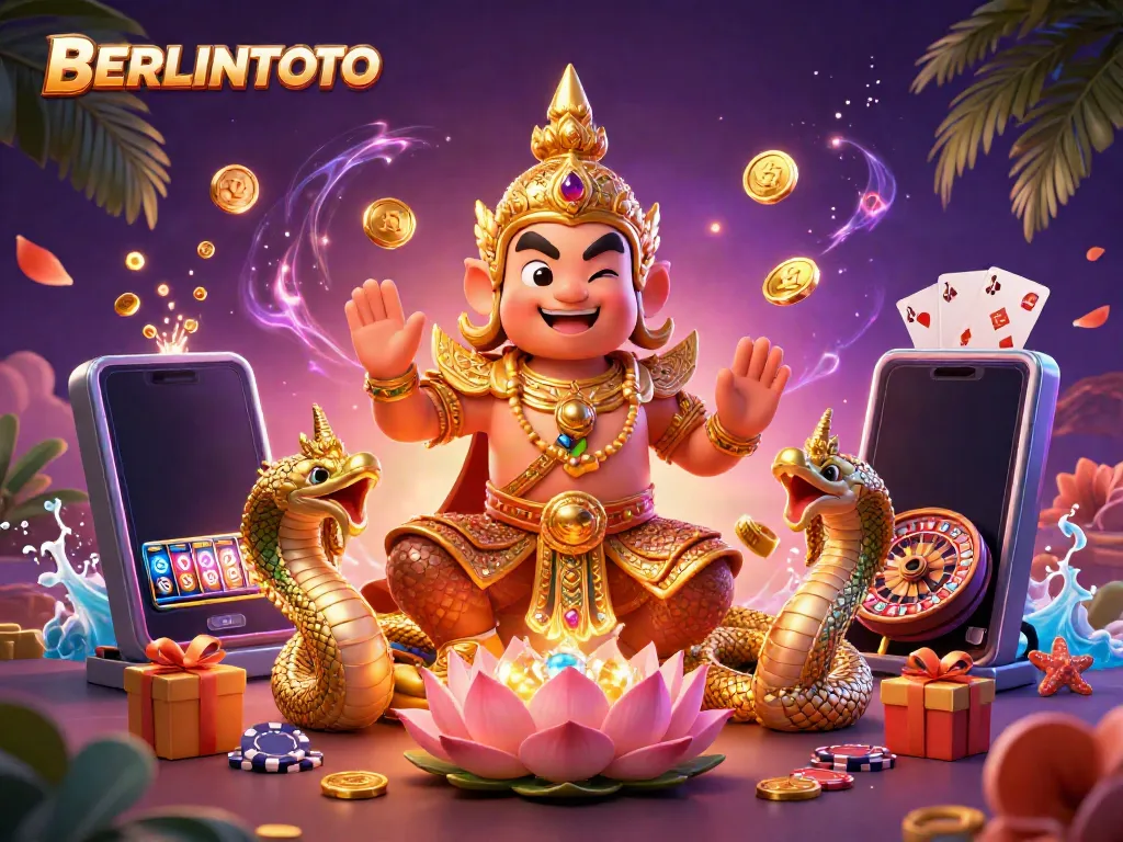 Engage with BERLINTOTO through vibrant slot games and friendly guardians in a rich casino setting.
