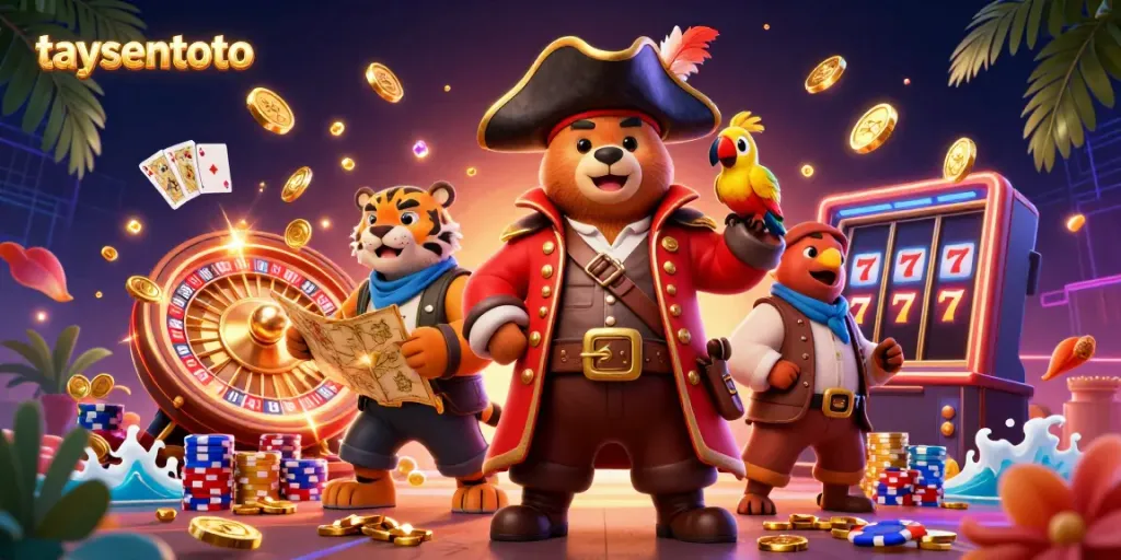 Experience the thrilling action at taysentoto with a vibrant scene of a cartoon pirate bear and his crew in an online casino.