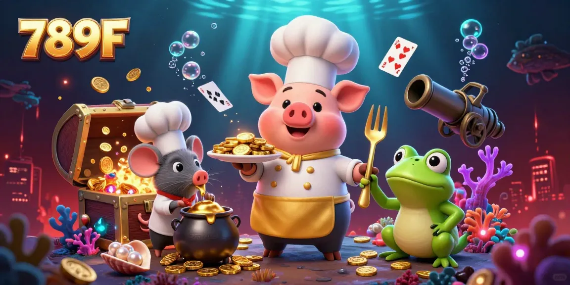 Experience the thrill of 789F with 3D cartoon characters celebrating gold and gems in a dazzling casino scene.
