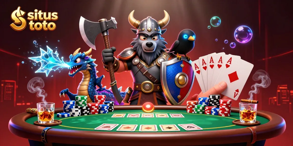 Menggambarkan situs toto dengan karakter Viking dan naga dalam suasana kasino yang menegangkan.