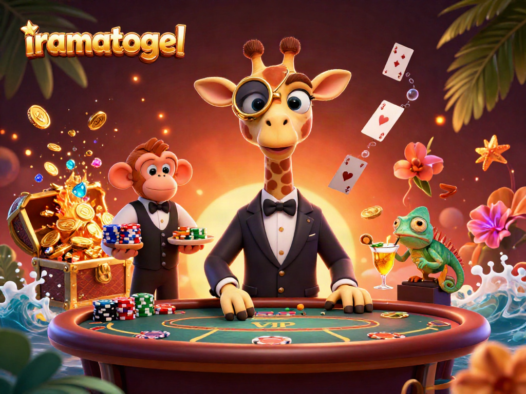 Menyambut kemenangan di iramatogel dengan jerapah tinggi berjudi di meja poker VIP dikelilingi elemen taruhan.