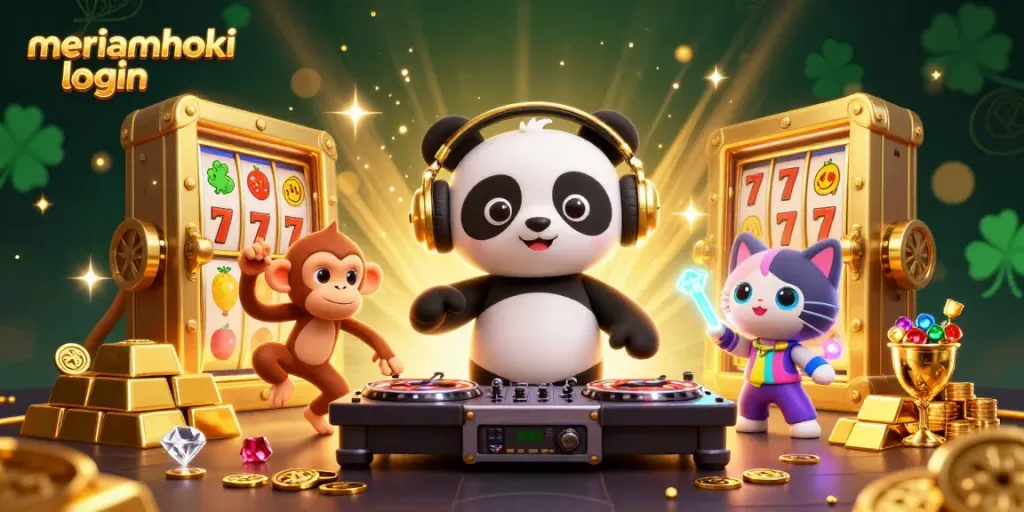Gambarkan momen seru dalam meriamhoki login, dengan DJ panda yang memutar permainan slot dengan gemerlap emas dan hiasan menarik.