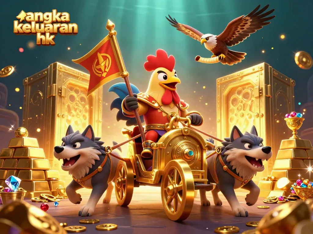 Menampilkan angka keluaran hk dengan ilustrasi 3D kartun perang di arena pertarungan megah.