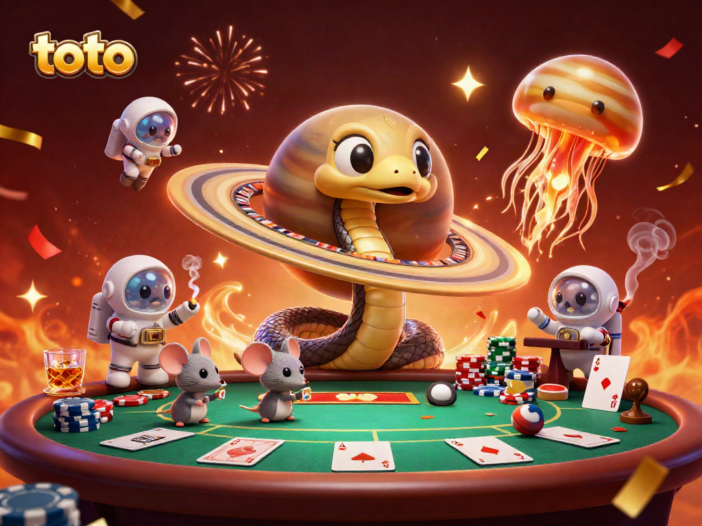 Taruhan pada elemen kasino dengan toto dan karakter lucu dalam ilustrasi 3D yang dinamis.