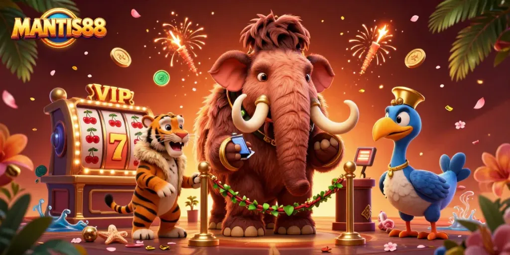 MANTIS88 casino experience at a vibrant entrance with a mammoth bouncer and vivid slot machines.