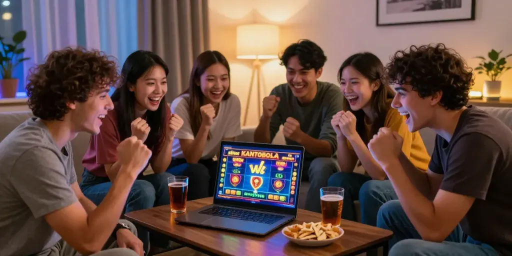 Kumpulan teman bersenang-senang bermain slot di situs KANTORBOLA di ruang tamu yang nyaman.