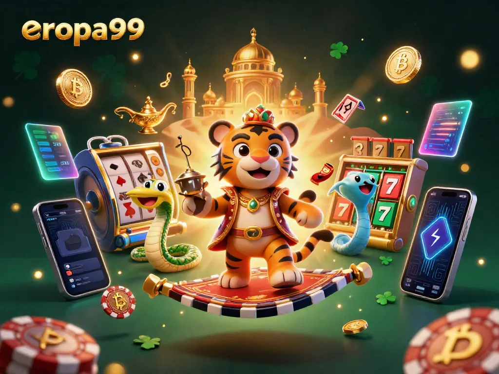 Slot Gacor EROPA99 menampilkan Sultan Harimau di karpet terbang, penuh detail kasino.