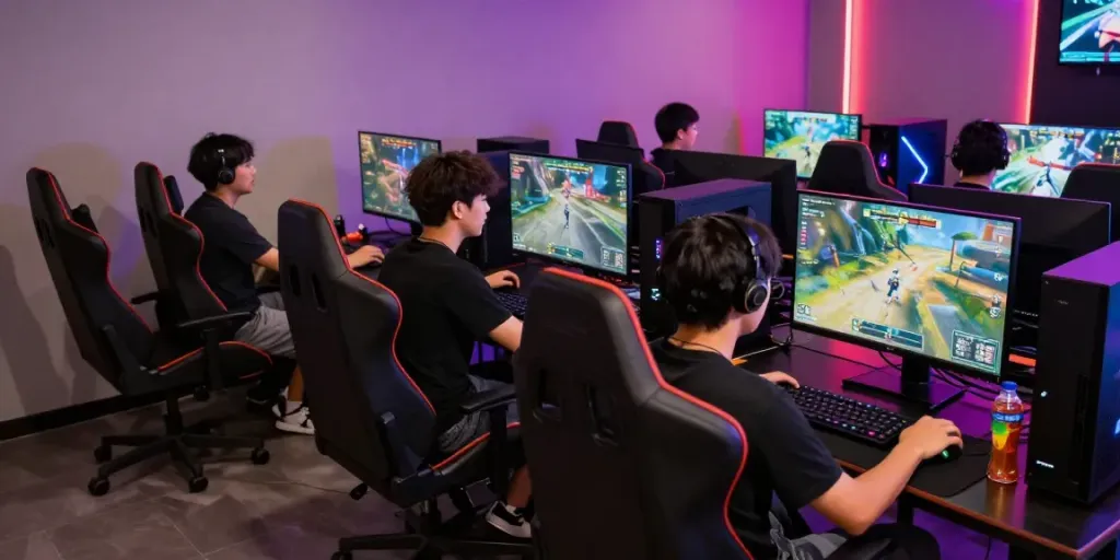 Sejumlah gamer berkumpul di ruang permainan digital, berlomba-lomba dalam kompetisi multiplayer di situs gacor.