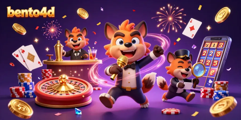 Bento4D casino scene showcasing hyenas in a comedy club, mixing drinks while celebrating wins.