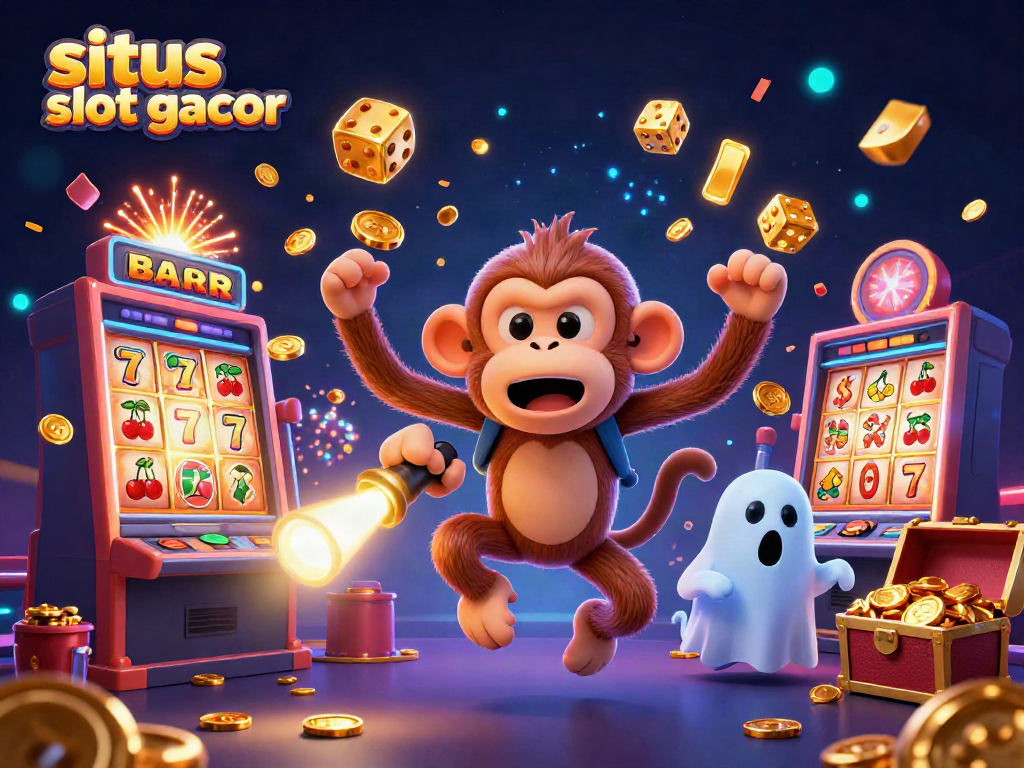 Experience the thrill at situs slot gacor with a playful poltergeist monkey in a vivid casino scene.