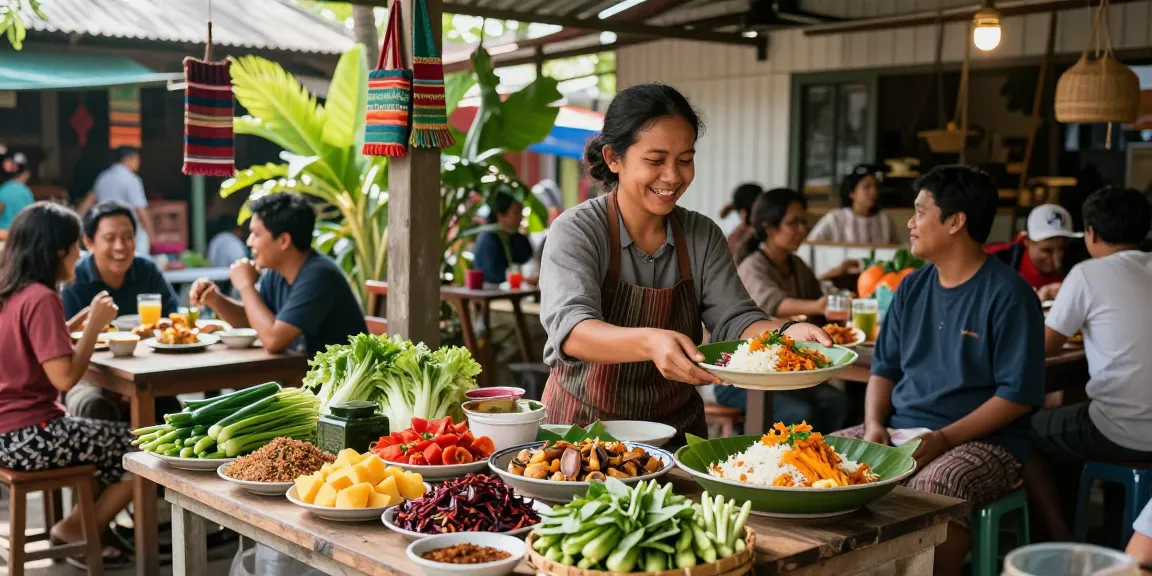 Warung225, suasana warung Indonesia dengan hidangan tradisional dan pelanggan bahagia.