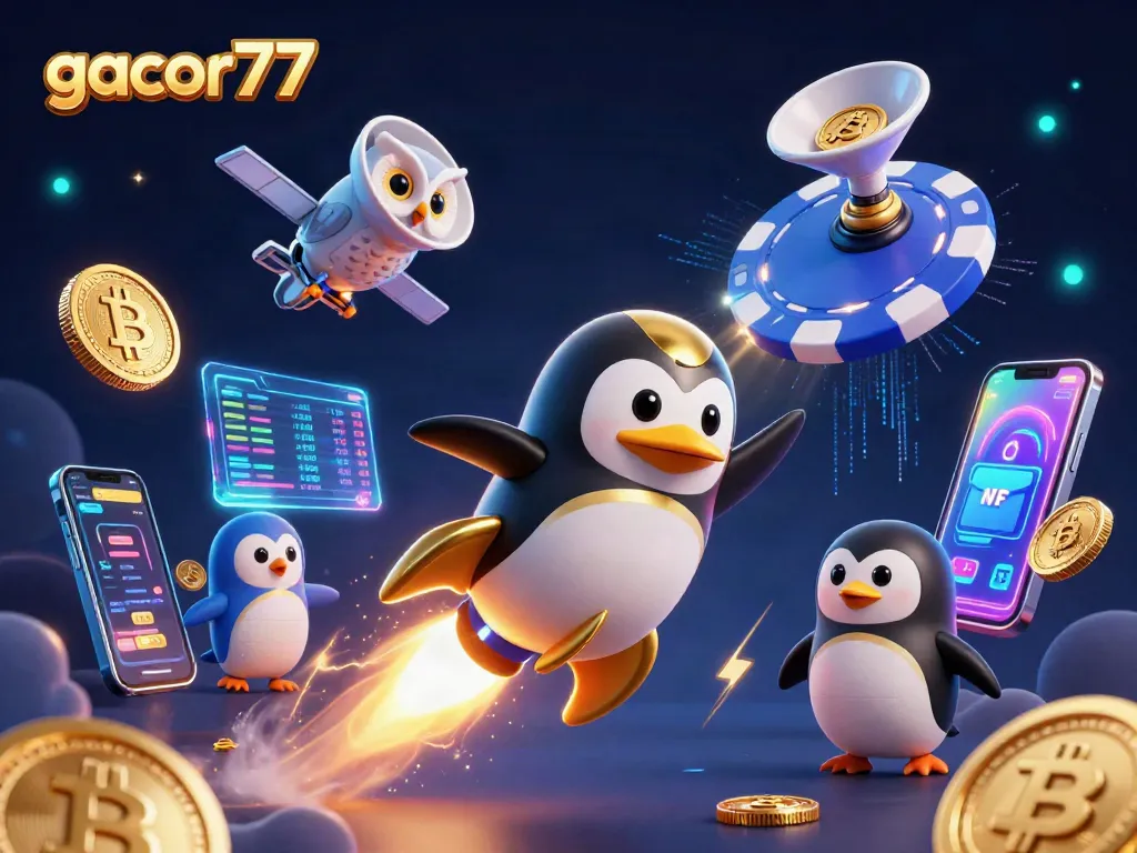 Memenangkan permainan gacor77 dengan penguin emas roket dikemas dalam ilustrasi 3D yang menarik